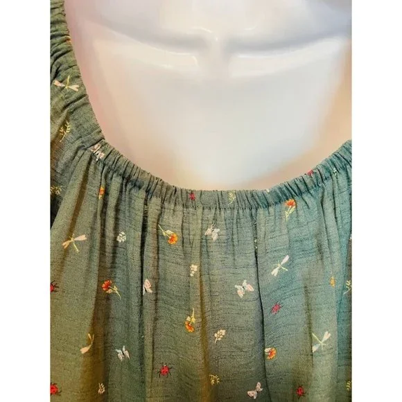 Lauren Conrad Top Shirt Peasant Women’s Size XXL Flower Butterfly Green Boho - Picture 8 of 10